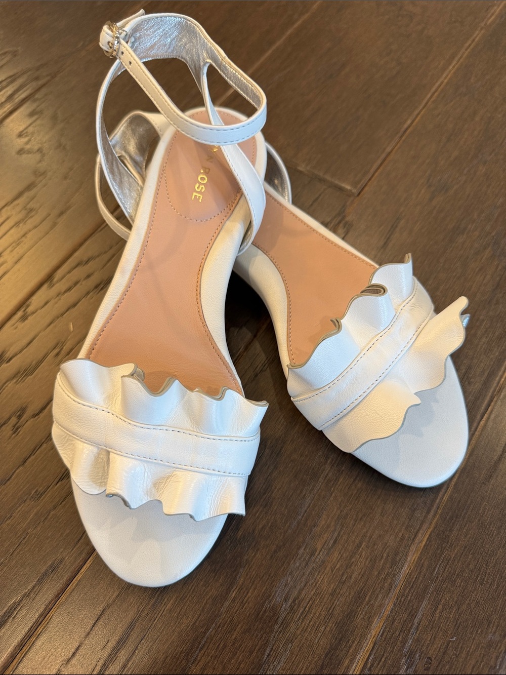 Taryn Rose White Ruffle Ankle-Strap Sandals